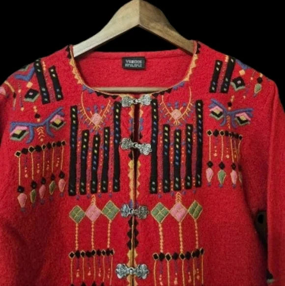 *Vrikke Norwegian Design Irene Haugland Zahl Sweater Red Wool Cardigan - Picture 3 of 5